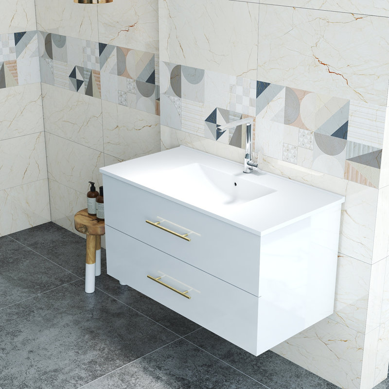 Ensemble de meuble-lavabo mural avec lavabo, Blanc lustré, 39"