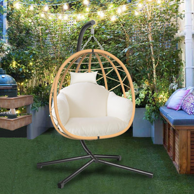 Fauteuil à œufs suspendu avec support en rotin pour l'intérieur et l'extérieur en osier de rotin avec coussins résistants aux rayons UV