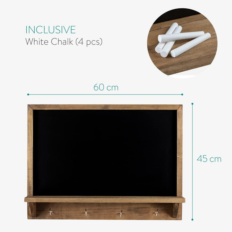 Wooden Frame Chalk Board with Shelf Ledge and 4 Metal Hooks - Framed Blackboard for Wall Brown