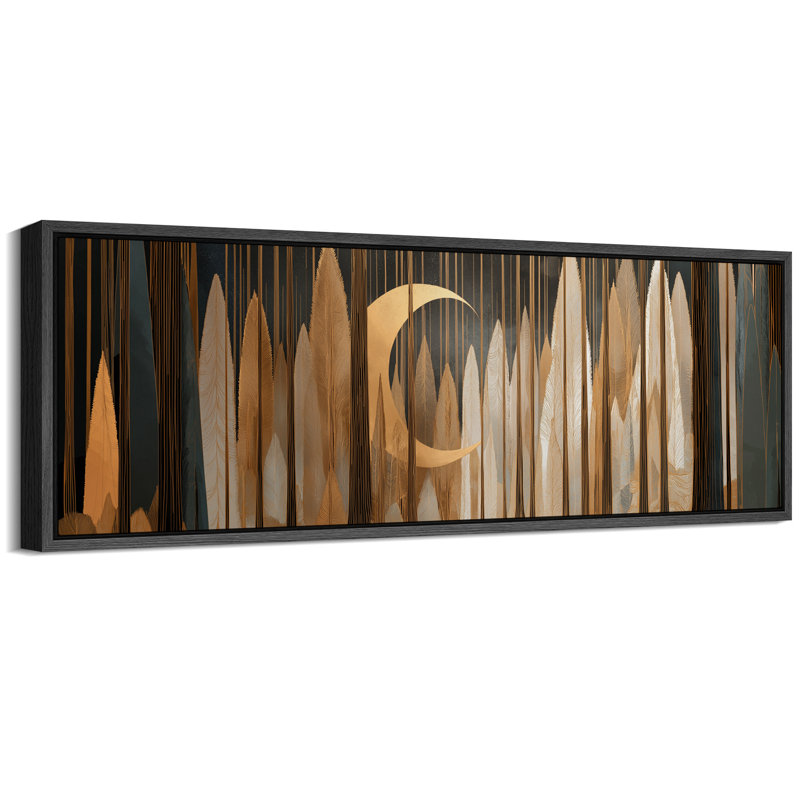 Art Deco Style Golden Crescent Moon Forest - Pictures Extra Large Framed Canvas Print Wall Art, 20" H x 60" W x 1.5" D