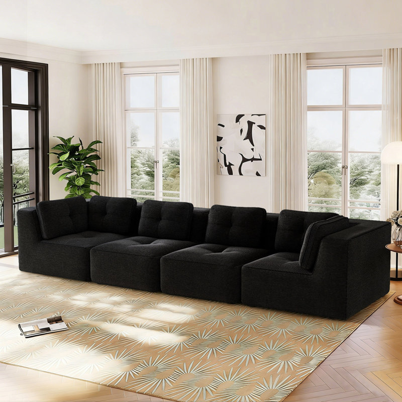 Canapé modulaire moderne en velours côtelé 4 pièces, design capitonné, sans assemblage, Noir
