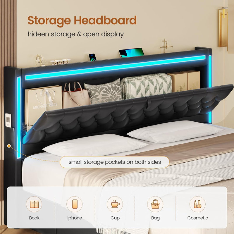 Bed Frame With 5 Xl Storage Drawers, King, Black Faux Leather