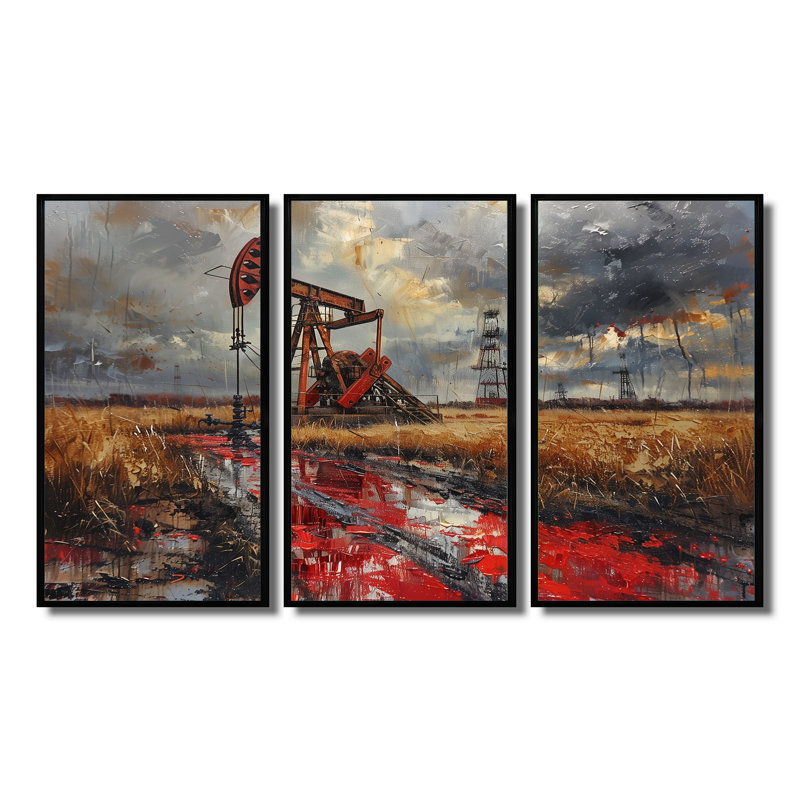 «Red Winter Oil Fields Industrial Icon I», ensemble d'art mural, Toile avec cadre flottant noir, H 40 po x l 60 po x P 1 po