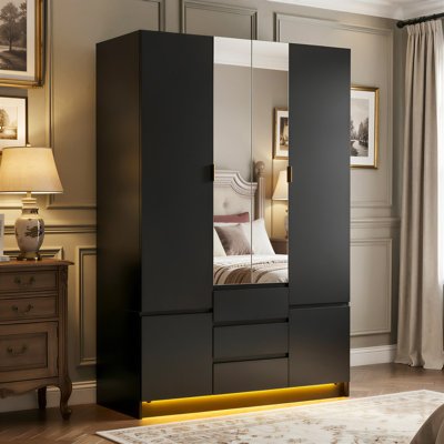 Armoire-penderie en bois à 4 portes avec 3 tiroirs et 2 miroirs, armoire de rangement pour vêtements avec tiges suspendues de 71 po de hauteur, grande chambre à coucher moderne, grandes armoires autoportantes avec lumières à DEL pour la chambre à coucher, noir
