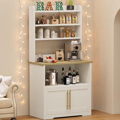 Étagère de rangement Bakers avec rangement, support pour four à micro-ondes avec huche de garde-manger avec porte, grande tablette de rangement polyvalente avec plateau de table épais, bar à café pour la salle à manger