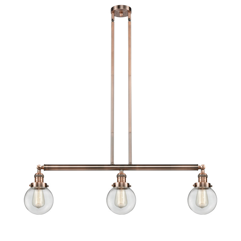 Clementina 3 - Light Kitchen Island Pendant, 6 Watt Vinage LED Bulb, Clear, Antique Copper