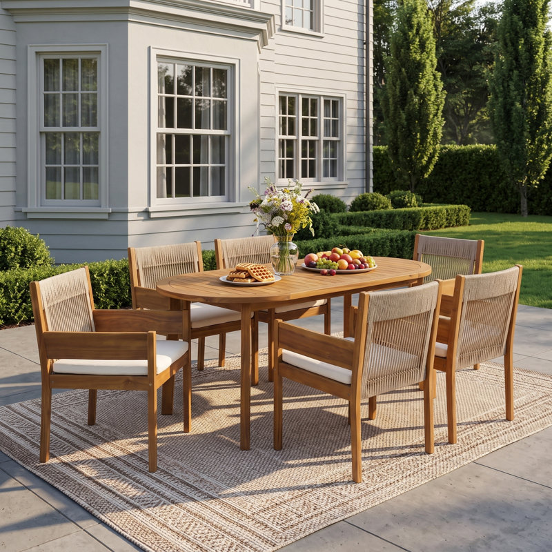 Ensemble de salle à manger d'extérieur Celia 6 places, style moderne du milieu du siècle, en bois d'acacia, avec table ovale, chaises en corde tressée et coussins.