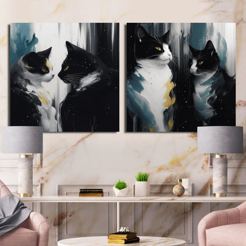 Ensemble de 2 chats blancs et noirs captivants, H 16 po x l 33 po, Toile tendue