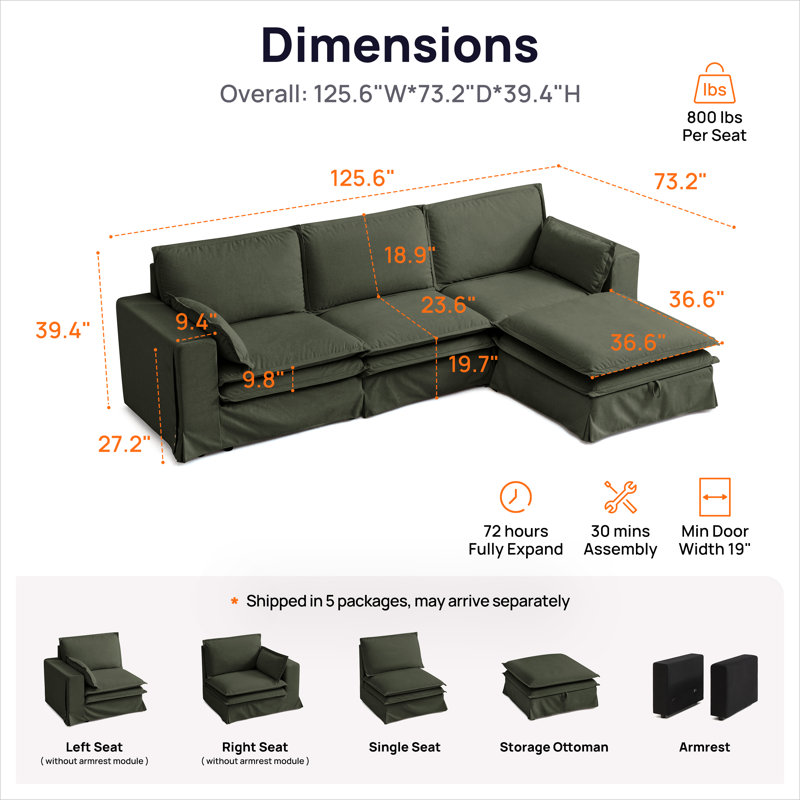 Canapé surdimensionné en tissu à 3 étages avec repose-pieds avec rangement, Polyester vert
