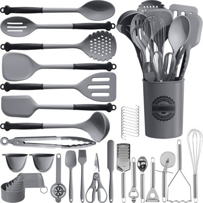 43Pcs Large Kitchen Utensils Set - Silicone Cooking Utensils Set, Dishwasher Safe Spatula Set For Non-Stick Cookware, 446°F Heat Resistant Kitchen Utensils Set With Holder BPA Free, Grey