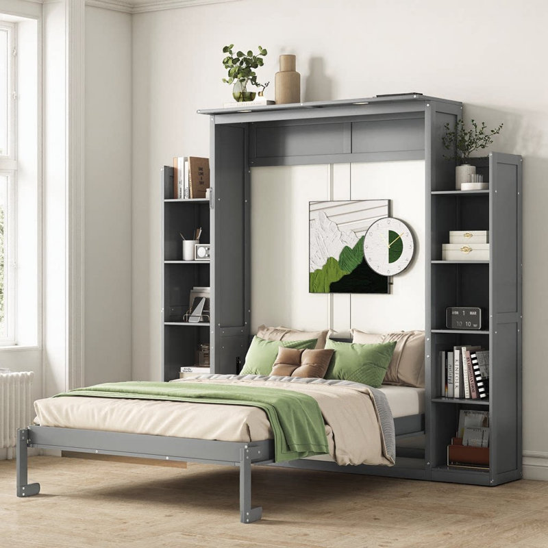 Lit escamotable double pleine grandeur avec tablettes intégrées et éclairage à DEL - Conception d'armoire peu encombrante