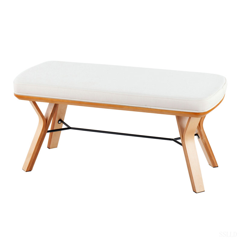 Banc Folia Mid-Century moderne en bois naturel et tissu, Cream, Cream