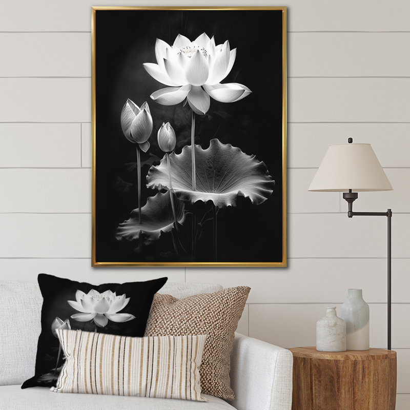" Gray Monochrome Lotus Symphony I ", Gold Floater Framed, 44" H x 34" W x 1.5" D