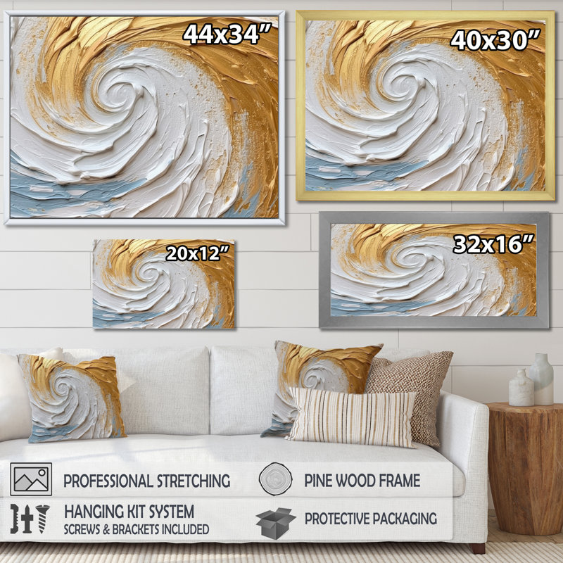 «Gold Eernal Swirl II», art abstrait sur toile à spirales abstraites, H 16 po x l 32 po x P 1 po, Cadre flottant doré