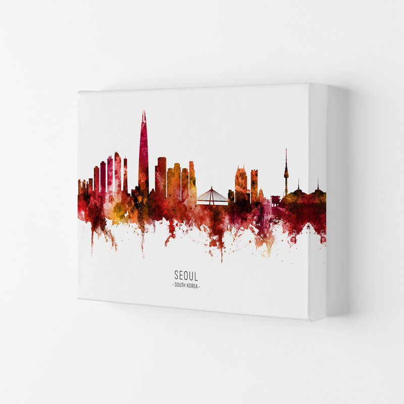 Seoul South Korea Skyline Red City Name by Michael Tompsett - Print, 59.4cm H x 84cm W x 4cm D, Wrapped Canvas