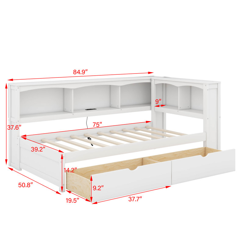 Lit de jour simple avec tiroirs, armoires et port USB, Blanc