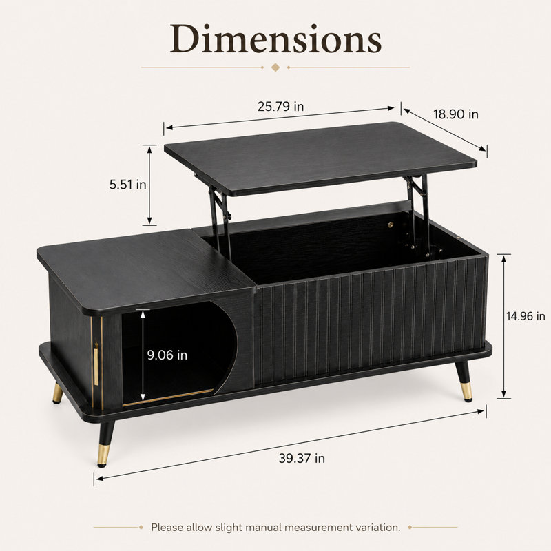 Table basse à plateau relevable en noyer de 39,4 po avec rangement dissimulé et tablette latérale ouverte, Black