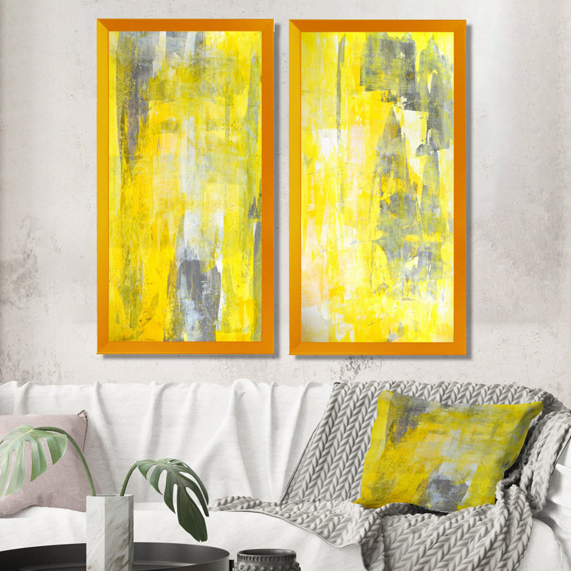 «Gray and Yellow Merging Abstract IV», ensemble de 2 peintures sur toiles, H 20 po x l 24 po x P 1 po, Cadre photo doré