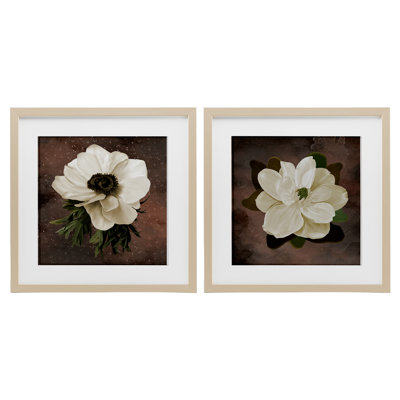White Flowers on Brown 2pc Framed Print Under Glass Set, design by Jennifer Stith