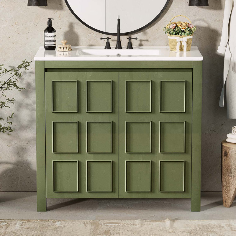 Armoire de salle de bain exquise avec lavabo pour un rangement élégant, Vert olive
