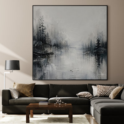 Très grand art mural imprimé sur toile - scène de lac de forêt d'hiver dans une atmosphère grisâtre avec brume et reflets pour le salon ou la chambre à coucher - «Assemblage requis du cadre (cadre non fini)»