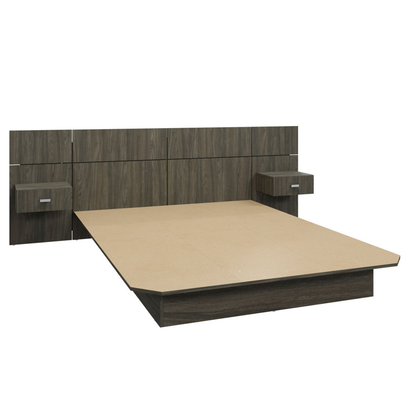 Lit plateforme avec tête de lit et tables de chevet Katsuki (2) - Assemblage facile, aucun sommier requis, Grand lit