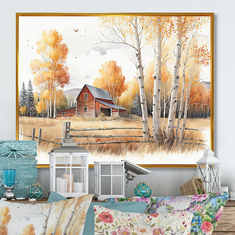 «Path To The Barn V» - Art mural sur toile paysage de grange, H 24 po x l 32 po x P 1 po, Cadre flottant doré