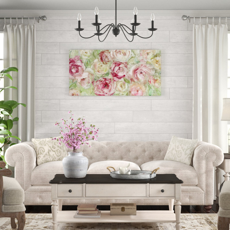 « escalade roses », reproduction de peinture à l’acrylique sur toile tendue, H 24 po x l 48 po x P 1,5 po