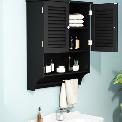 Wall - Mounted Bathroom Cabinet In, Louvered Doors, Open Shelf For Frequently Used Toiletries, Adjustable Shelves Linens Organization Plan, And Towel Bar, Made From With Convenient Shelf,