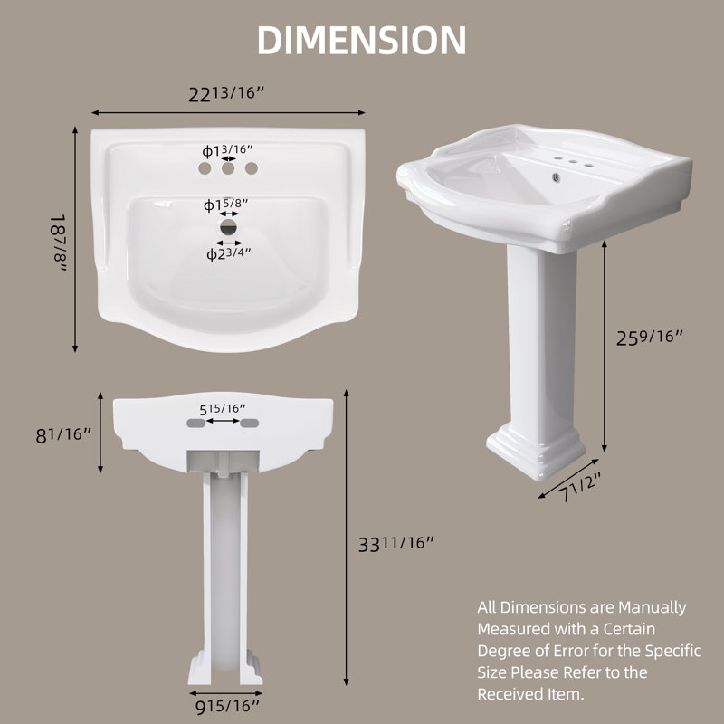22 Inch Space Saving Ceramic  Pedestal Bathroom Sink in White Vitreous China for Bathroom and Poweder Room