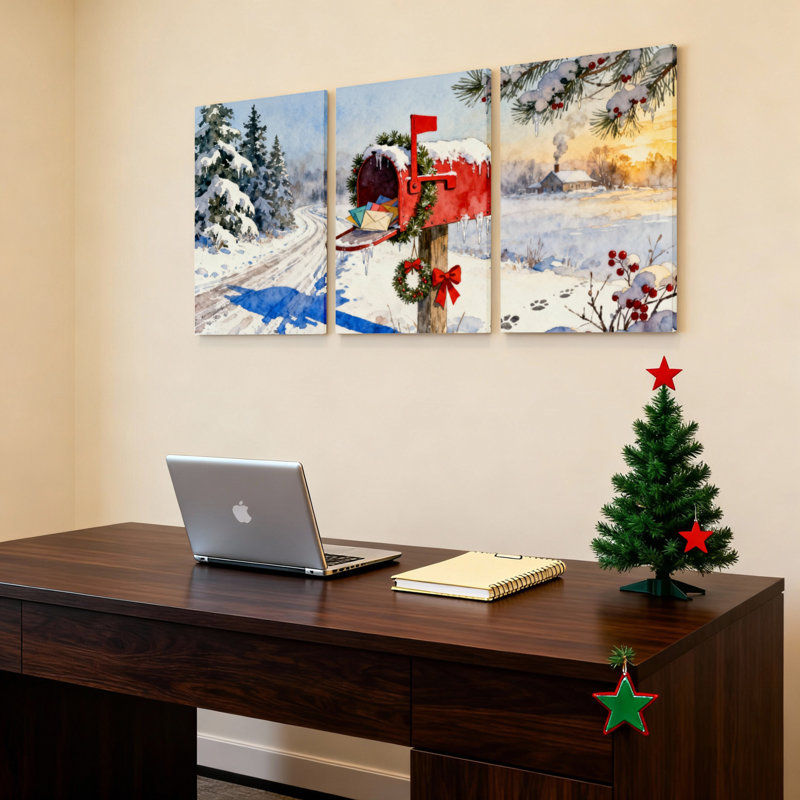 Ensemble de 3 tableaux sur toile tendue représentant un paysage d'hiver avec boîte aux lettres rouge et arbres enneigés