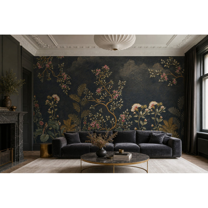 Décoration murale botanique amovible foncé, 140 po x 108 po, Texturé non collé