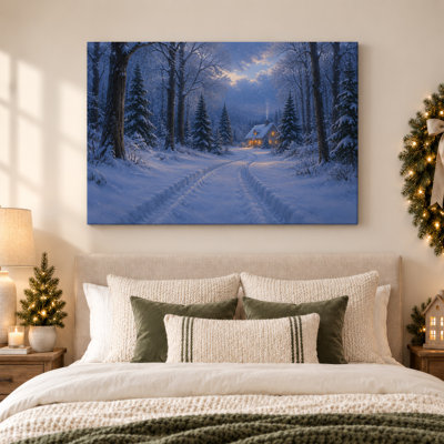 Toile enneigée, chemin menant à une cabane au crépuscule, art mural de Noël