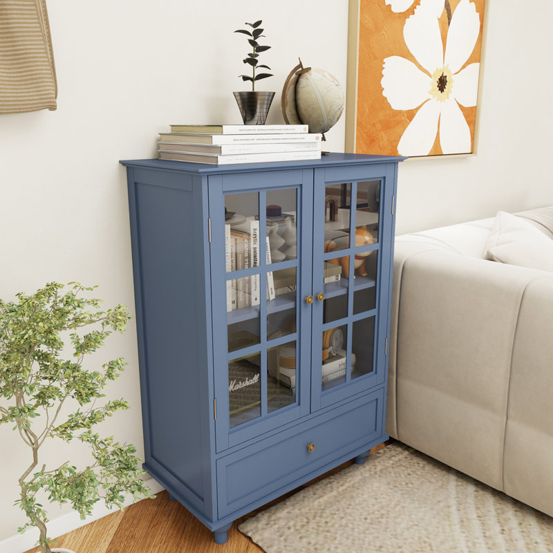 Small Blue Storage Cabinet With Glass Door & Adjustable Shelf, Kitchen Floor Cabinet With Drawer For Living Room, Blue