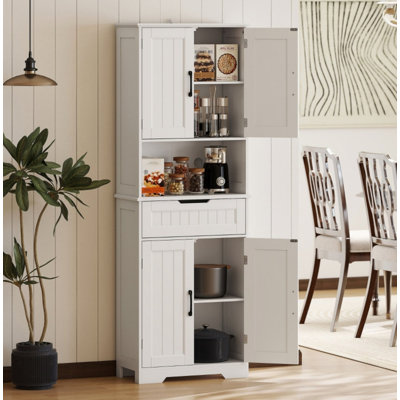 172 cm Tall Kitchen Pantry Cupboard w/ Small Open Counter, Freestanding Kitchen Cabinet w/ 2 Adjustable Shelves, White