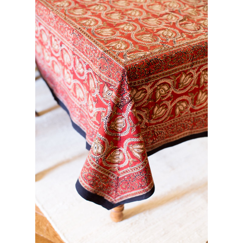 Oppenheimer Dabu Vine Block Printed Tablelcoth, 90" x 60", Red