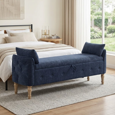 Banc de rangement en lin 67 po pour lit très grand avec accoudoirs touffetés et poche à fermeture à glissière