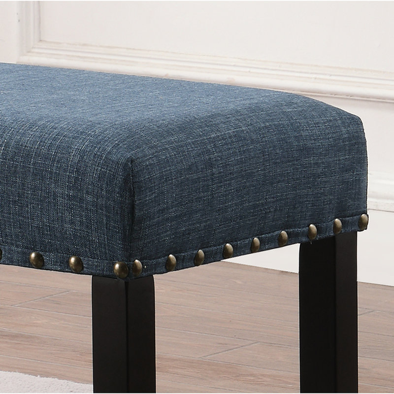Blue Fabric Dining Bench With Alluring Nailhead Trim - Hardwood Construction, Soft Linen And Cotton Upholstery, 44" X 16.5" 19"H Upholstered Trimmed Solid Base, Classy Design,