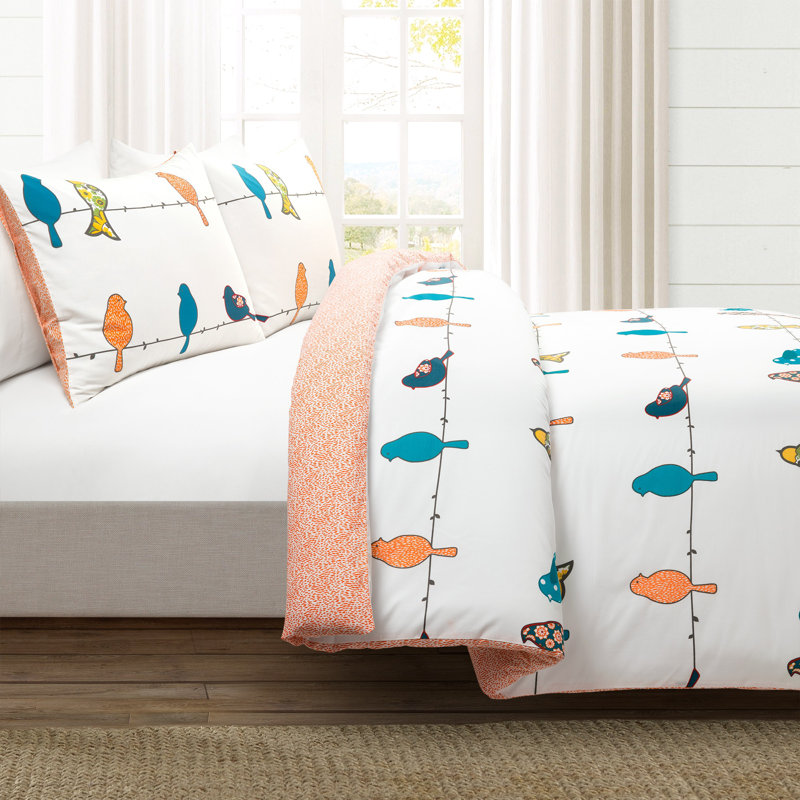 King Size Multicolor Cotton Reversible Bird Duvet Cover Set