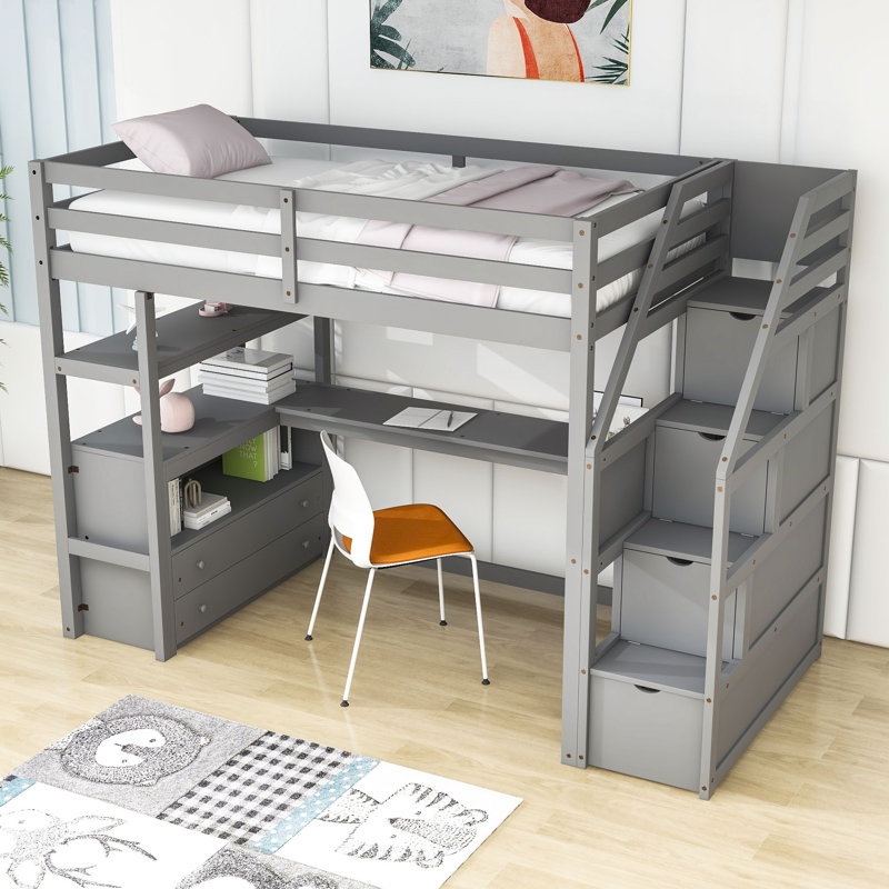 Kids Loft Bed with Drawers, Gray, Twin