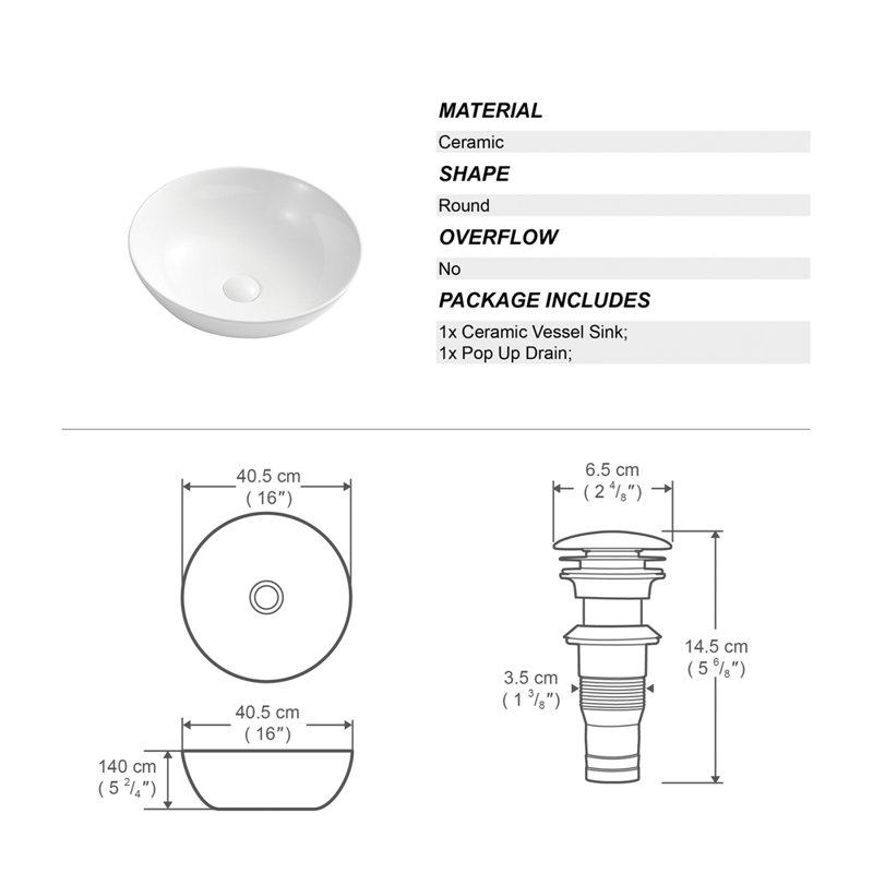 Bluesofa 16'' White Ceramic Circular Bathroom Sink