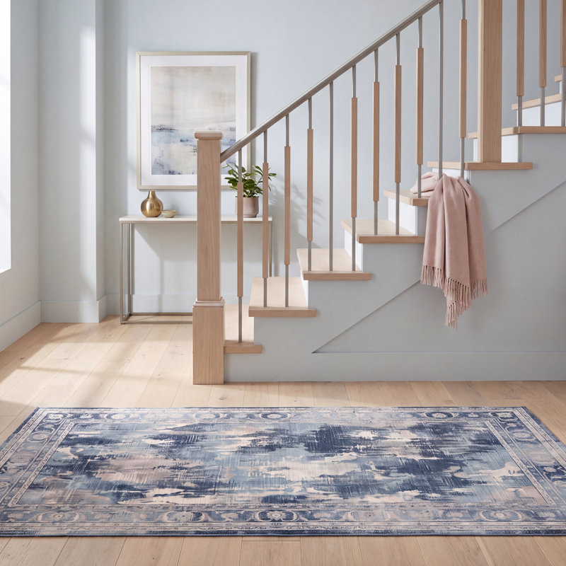 Tapis Mulberry moderne uni bleu marine en polyester lavable, 3 pi 3 po x 4 pi 7 po