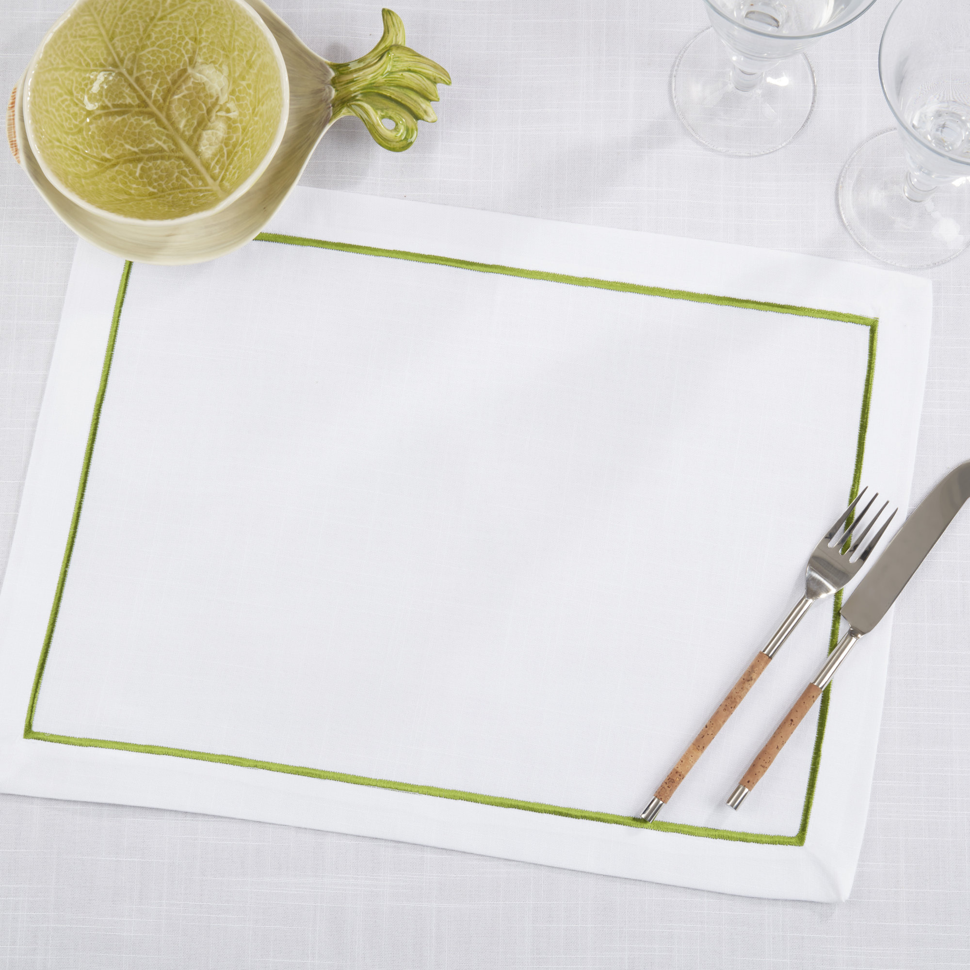 Embroidered Line Design Placemat (Set of 4), Light Green