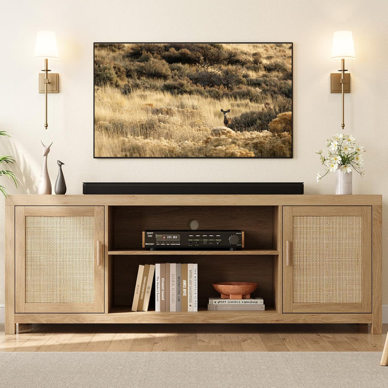 Rattan TV Stand for 75 Inch, Boho Entertainment Center with Storage and Doors