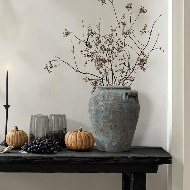 Vase décoratif vintage texturé bleu et brun avec poignées, vase décoratif texturé rustique de 12,6 po de hauteur