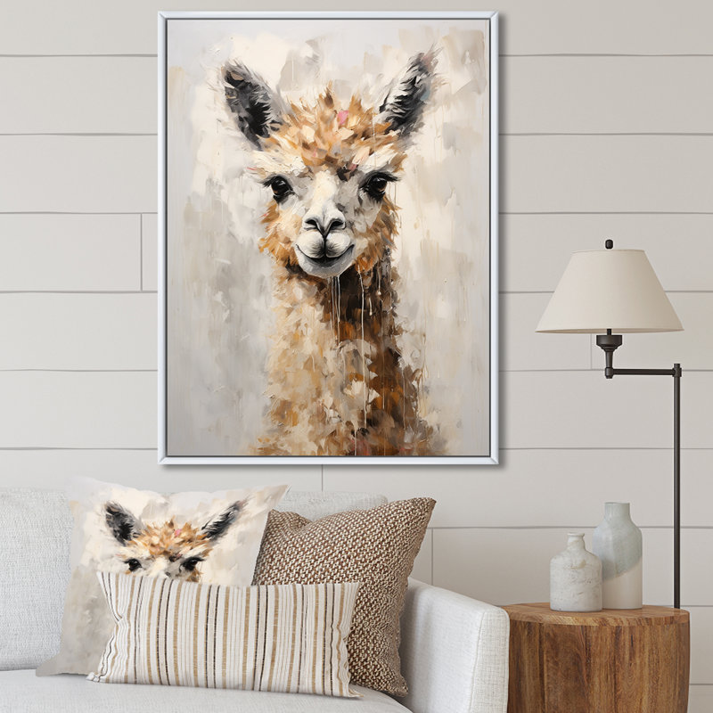 Minimalisme Alpaca Grunge - reproduction d'art sur toile Alpaca, Cadre flottant blanc, H 32 po x l 16 po x P 1 po