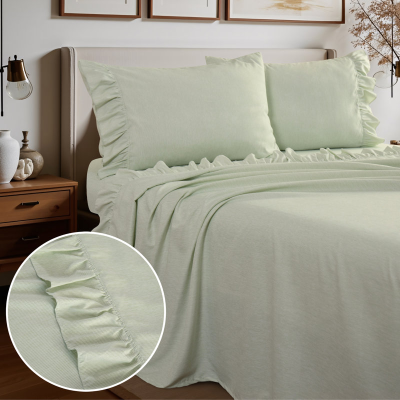 Shabby Chic Printed Pin Stripe Sheet Set, Green, King