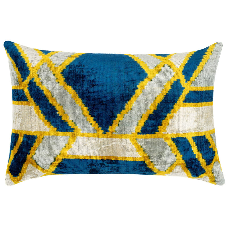 Velvet Lumbar Pillow Cover & Insert, Blue/Gray/Gold Geometric 2