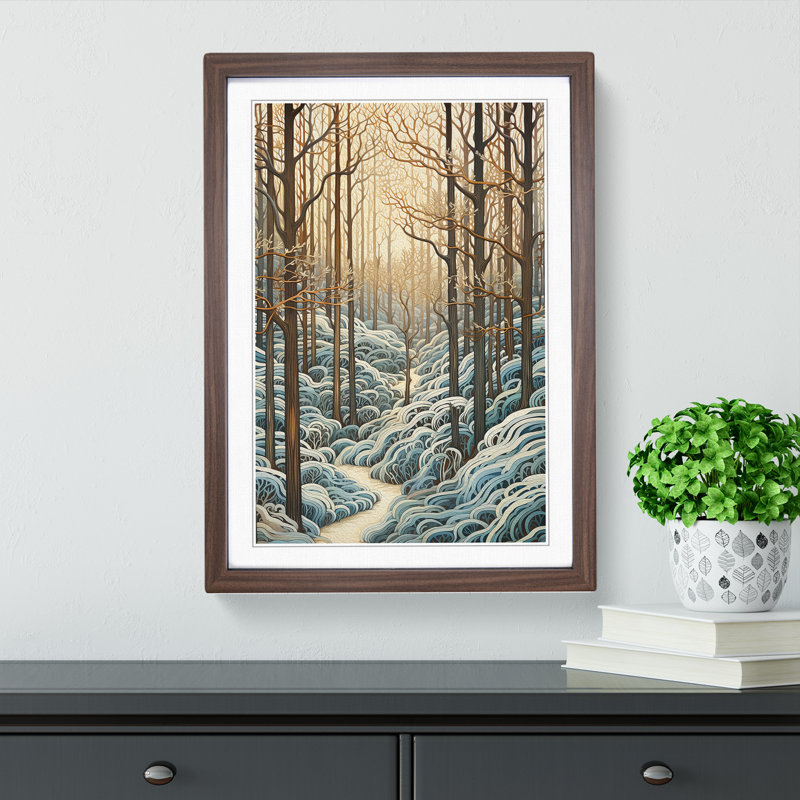 Winter Forest Nouveau - Single Picture Frame Print on Wood, 64cm H x 46cm W x 2cm D, Walnut