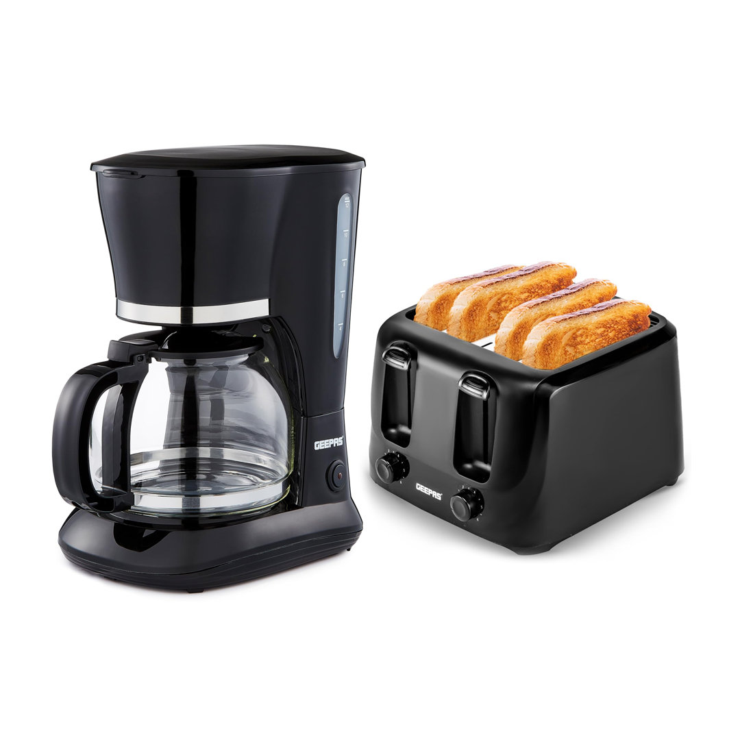 GEEPAS 1.5L Filter Coffee Machine & 4 Slice Toaster Combo Set | 800W Coffee Maker for Instant Coffee Espresso Macchiato & More | 1400W Toaster For Thi